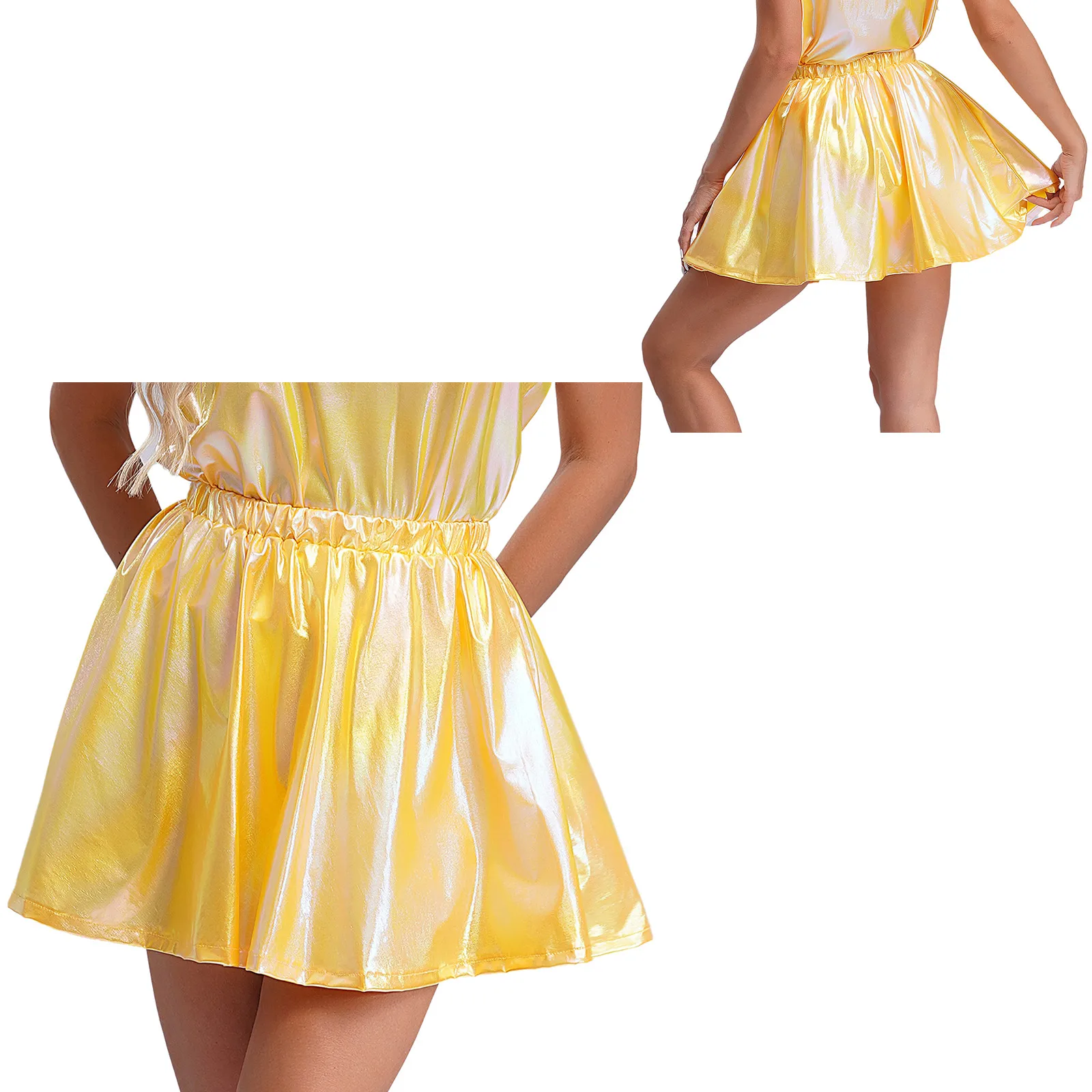 חצאית מיני מבריקה מטאלית מבריקה עם תחרה, חצאית ריקוד עם מותן גבוהה מבריקה, חצאית פלייר לרייב, בר או למועדון, תחפושת Y2K