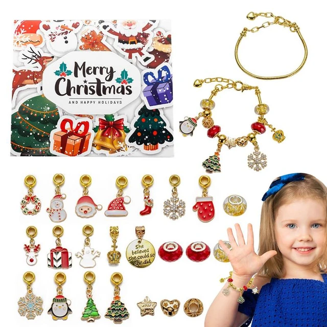 Calendrier de l'avent Fille Enfant, 24Jours Cadeau Calendrier de l'avent  Bijoux DIY Noël Bracelet pour Fille 5 - 12 ans
