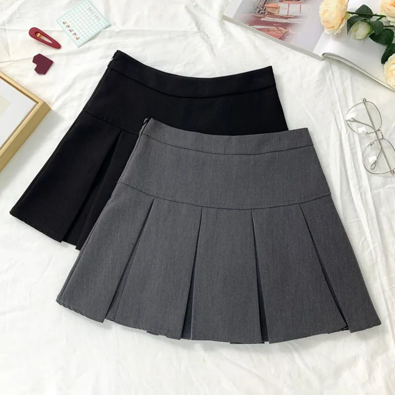 

Korean Style Pleated Skirt for Women All-Match Simple High Waisted Mini Skirts Woman Black Gray Students Daily A Line Skirts