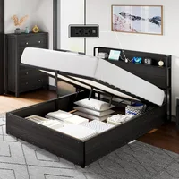 Lift Up Storage Bed Frame, Wooden Platform Bed Frame with Lifting Storage & Charging Station, No Spring Box Needed/Noise Free 1