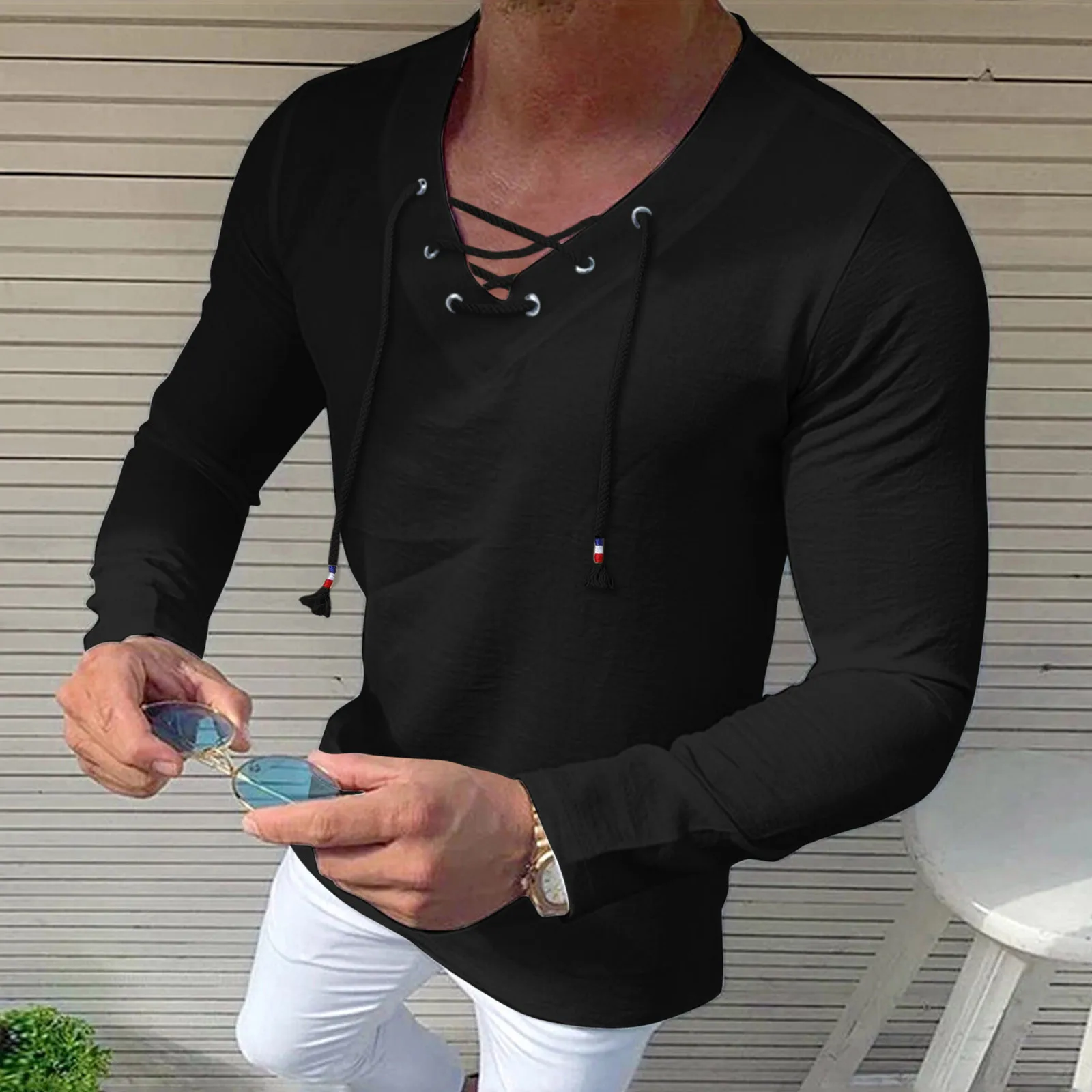 

Summer Men Shirts Solid Stand Collar Front Lace Up Cotton V Neck Long Sleeve Top Linen Beach Shirts Male Retro Boho Men Clothing