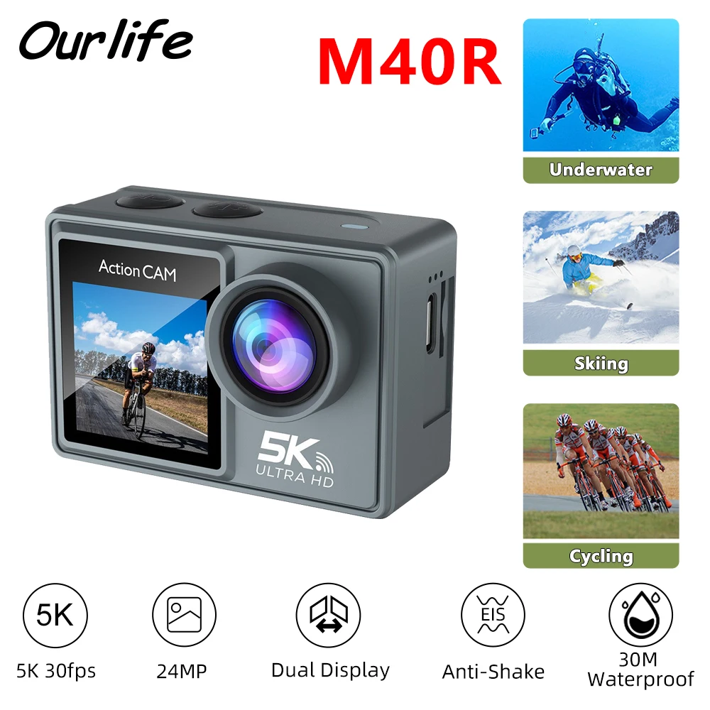 Ourlife M40R 5K Action Camera 2.0" IPS Touch Screen 5X Zoom Action Cam WiFi EIS 170° 30M Waterproof Professional Sports Camera