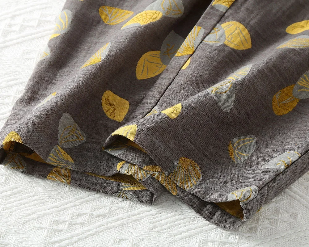 Cotton Double-layer Gauze Men's Long Sleeved Long Pants Spring and Autumn Homewear Leaves Printing 2 Pcs Pijama Hombre