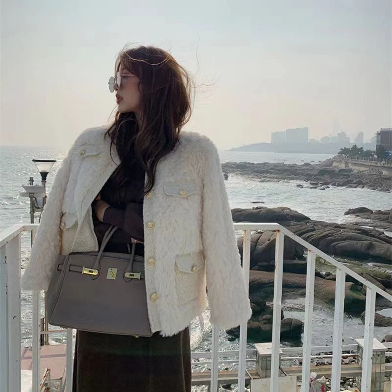 Women Faux Fur O-Neck Winter Jacket Casual Sheep Shearing Korean Fashion Coat Snow Wear French Cropped Outwear