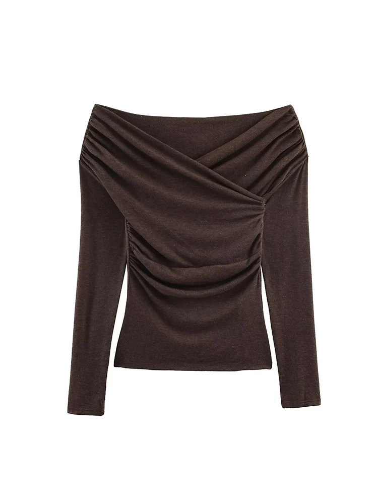 Spring Autumn Women Long Sleeve T-shirt 2026 New Solid Casual Fashion Slimming Folds Design Tops Ladies Chic Elegant Tees