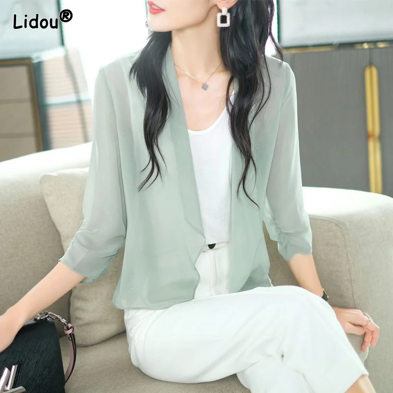 Office Lady Thin Double-layer Solid Chiffon Women Blouse Three Quarter Sleeves Spring Summer Open Stitch Plain Women's Clothing