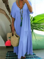 Plus Size 2025 Summer New V-neck Short Sleeve Pleated Solid Colour Loose Casual Midi Dress Basic Hem Pleated - Image 2