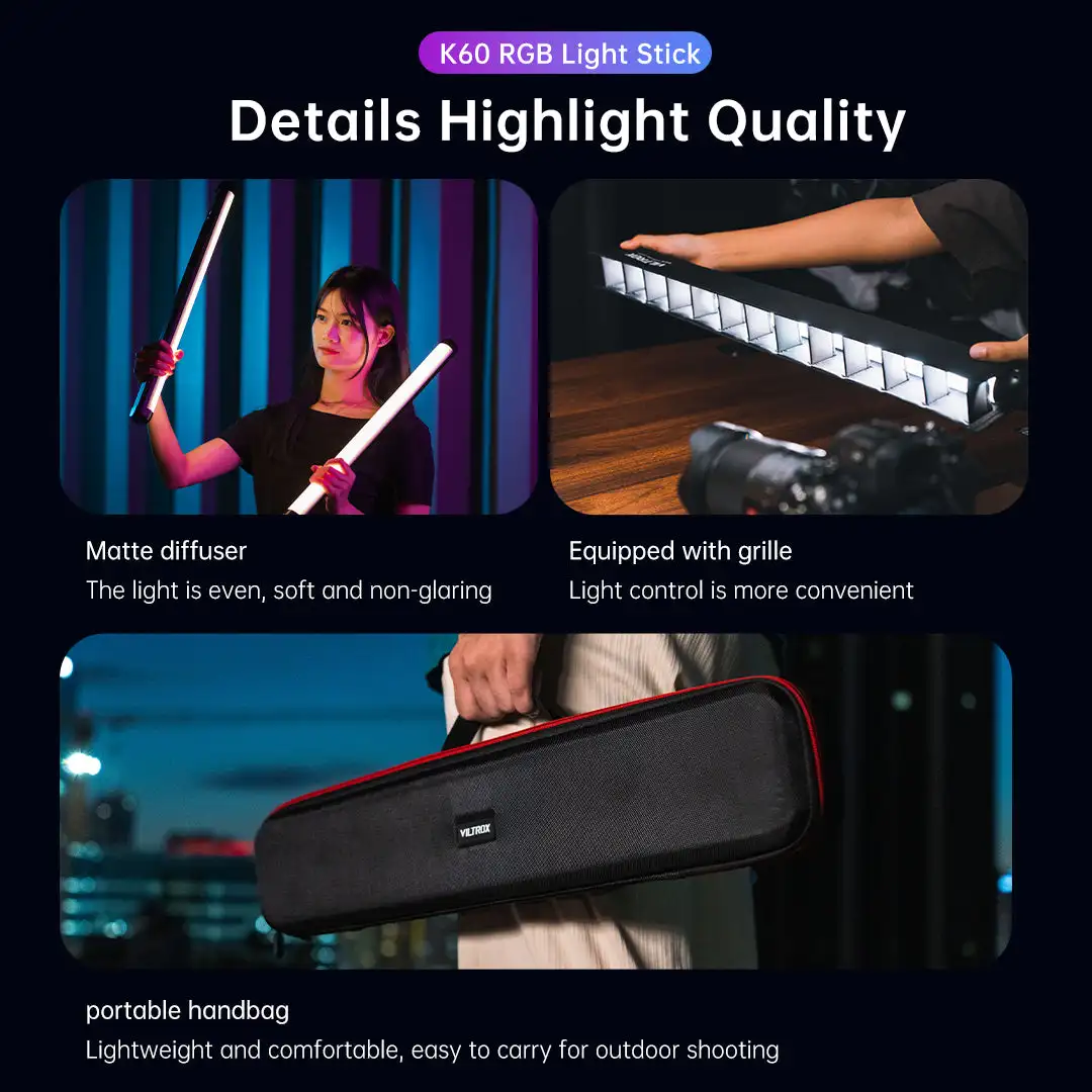 K60 RGB LED Stick Light 20W Handheld Tube Wand Stick 2500K-8500K Photography Lig
