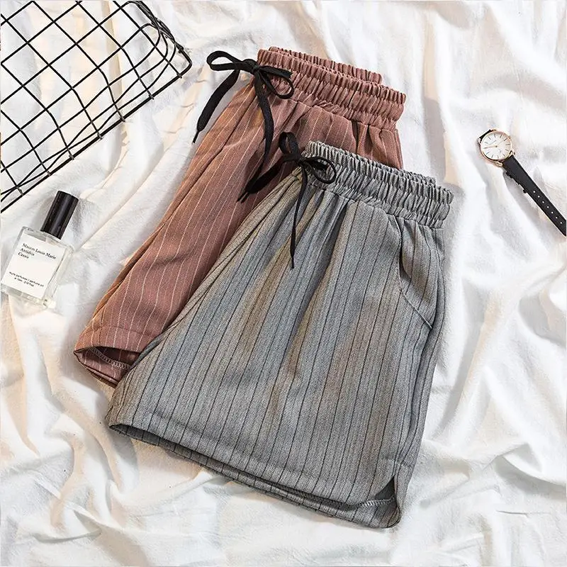 Women's Clothing Fashion Casual High Waist Striped Shorts Summer Pockets All-match Loose Elastic Drawstring Shorts for Female
