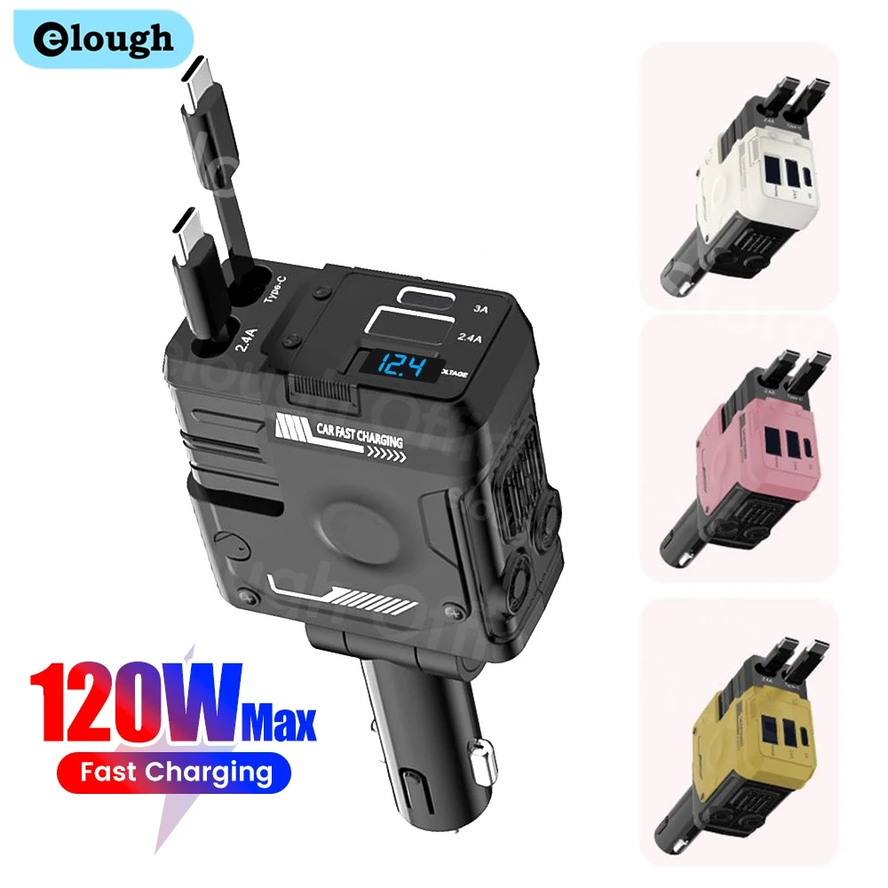 Elough – chargeur de voiture à affichage numérique, avec câble rétractable de Type C à Type C, charge rapide, adaptateur de téléphone de voiture pour Huawei