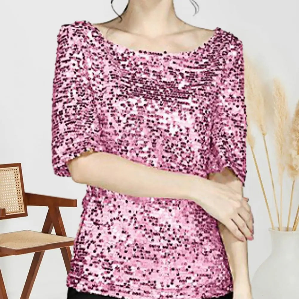 

Sequin Top Stylish Women's Sequin Top Sparkling Mid Sleeve Blouse for Stage Performances Daily Wear Comfortable Streetwear Stage