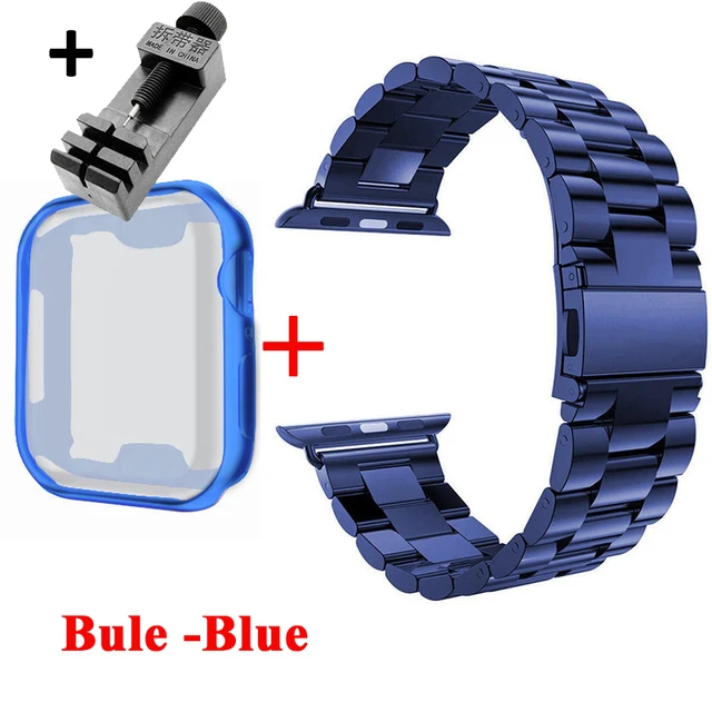 Watch Case+Strap For iWatch Band 38mm 42mm Steel Metal Bracelet For Apple Watch 7 44mm 40mm SE Series 6 5 4 Cover Band 45mm 41mm Bule-Blue