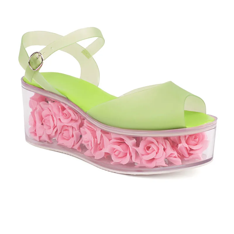 

Pink Rose Inner Thick Bottom Platform Wedge Shoes Summer Fish Mouth Sandals Flower Inside Transparent Sandals