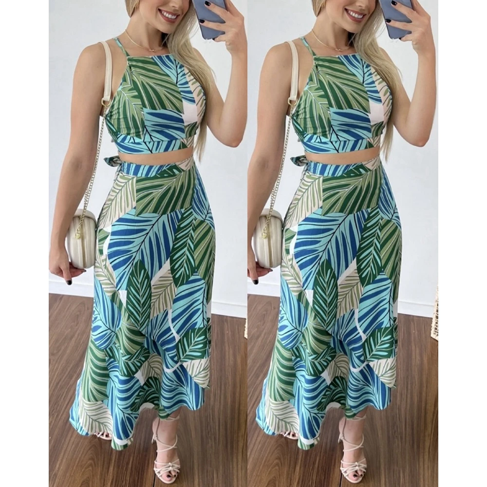 Women New In Leaf Print Sleeveless Halter Top & Tied Back Design Skirts Sets Female Two Pieces Dress Sets Summer Casual Clothes