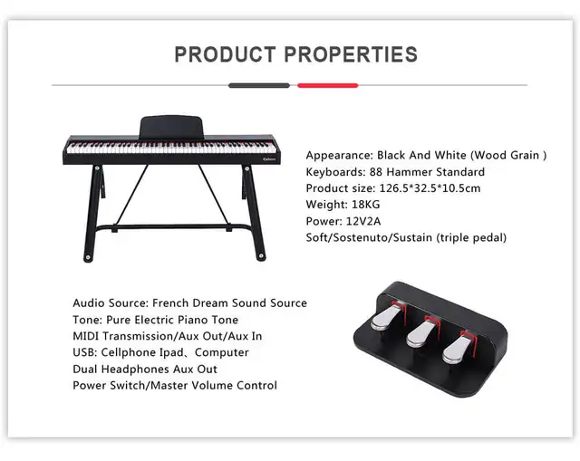 Piano numérique portable pour débutants, clavier électronique pleine  grandeur avec support de type U, 88 touches de marteau lestées, 3 pédales,  903