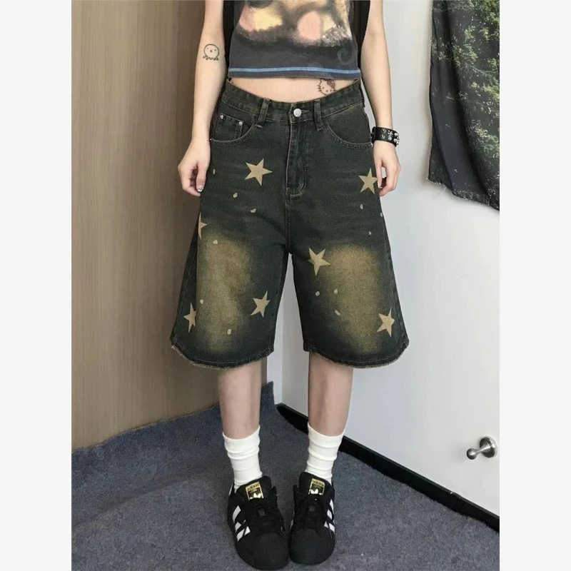 2024 Summer Vintage Minimalist Casual Versatile Knee Pants Printed Straight Distressed Pockets High Waist Women's Wide Leg Pants