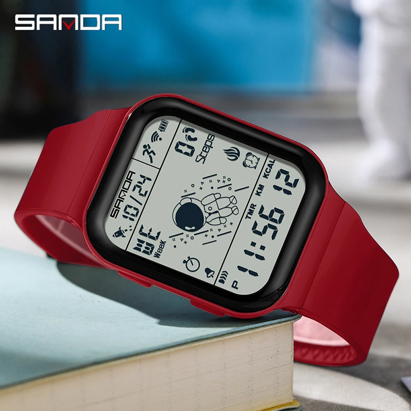 SANDA Mens Outdoor Sports Electronic Watches Fashionable Square Dial Design Wear Resistant Red Silicone Luminous 50M Waterproof
