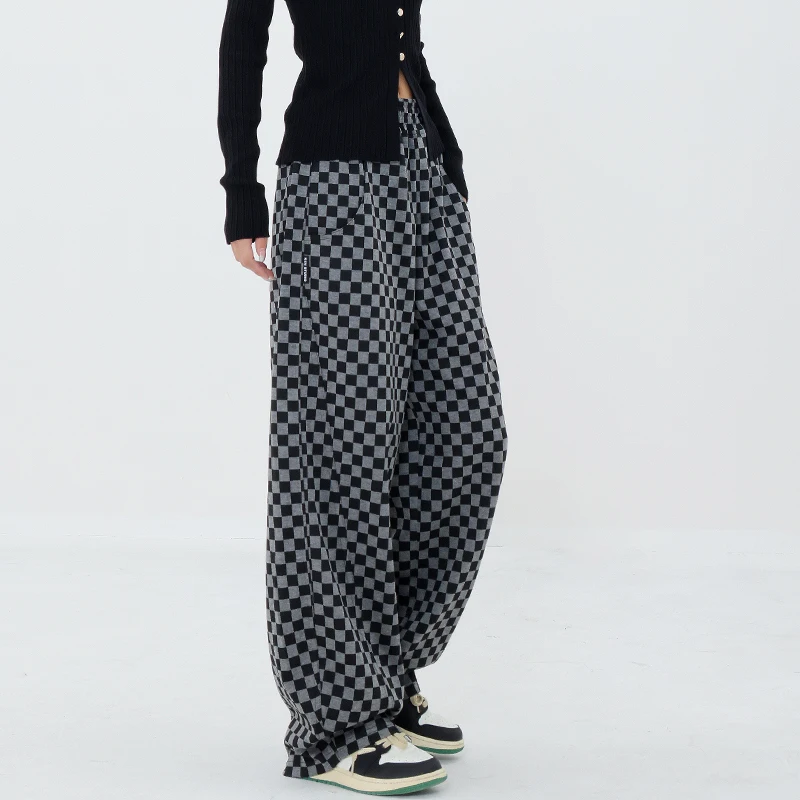 

Sandro Rivers Autumn New Checker Sweatpants Women's Jazz Hip-hop Wide Leg Pants