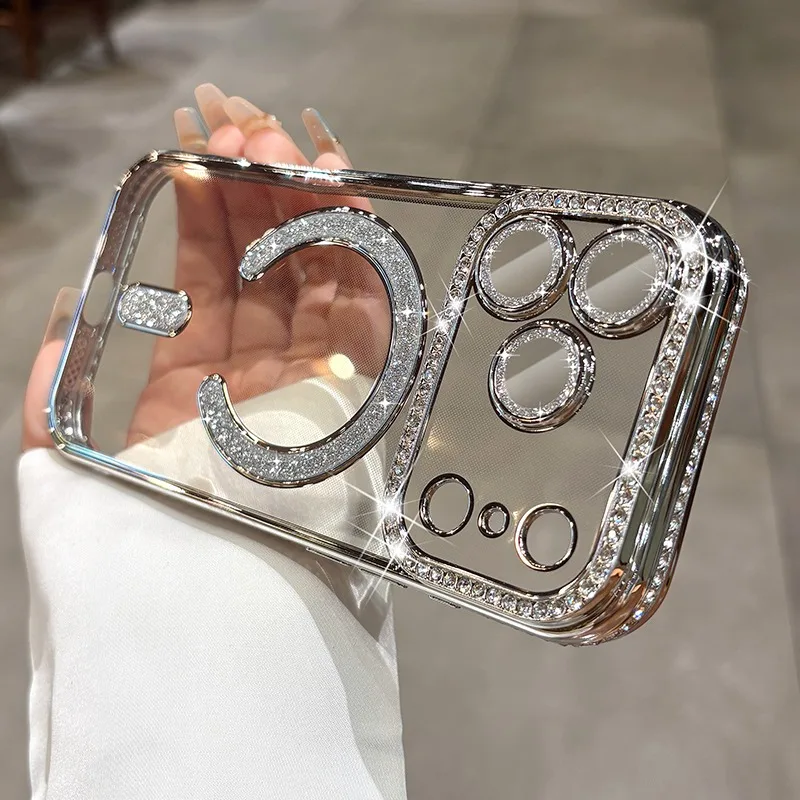Luxury Bling Diamond Phone Case with Lens Film and Magsafe Cover