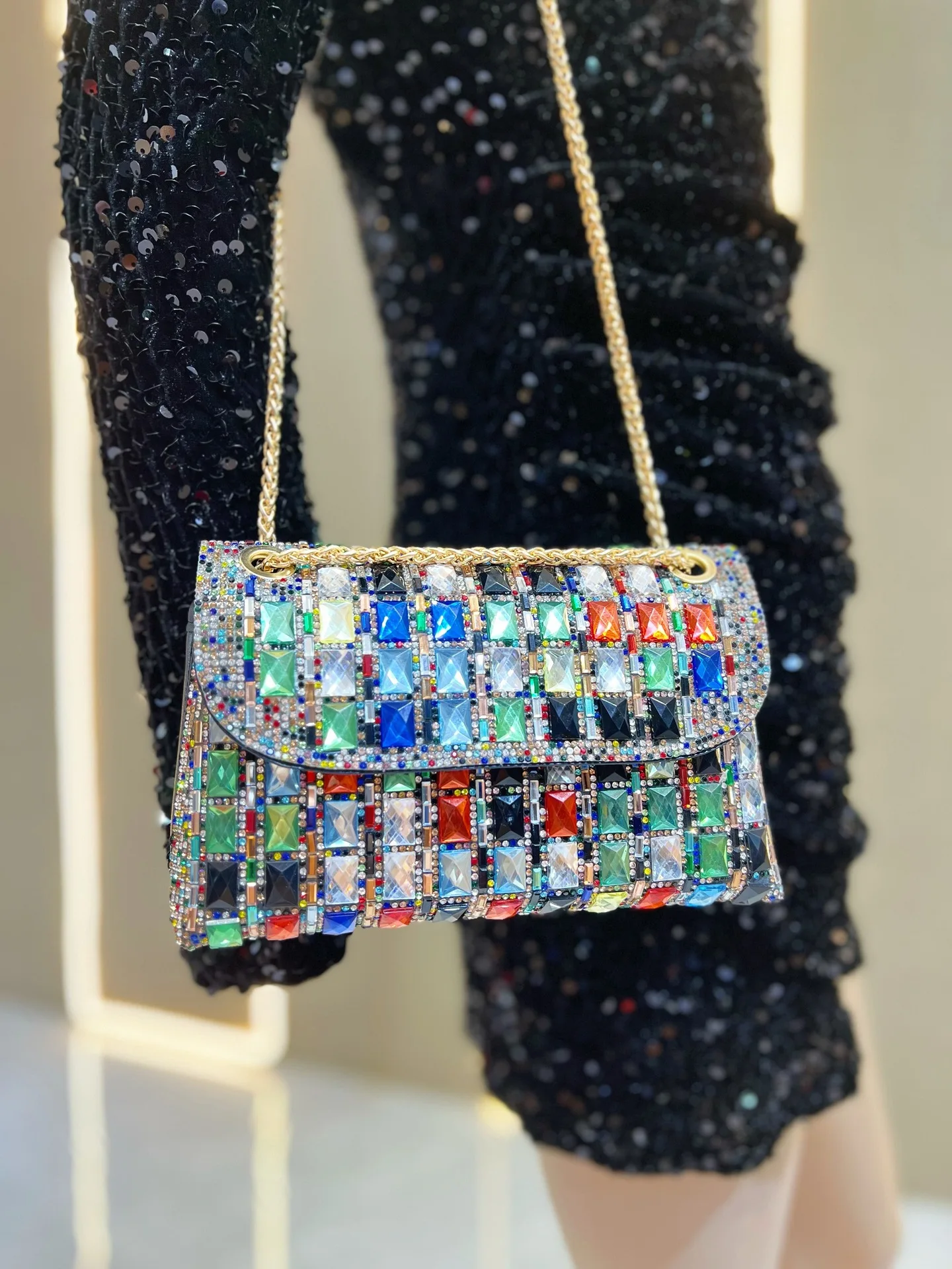 Volle Strass Damen Kette Tasche Abendkleid Silber Umhängetasche Schulter Handtasche Diamant Handy Taschen Party Clutch Geldbörse – Detail 12