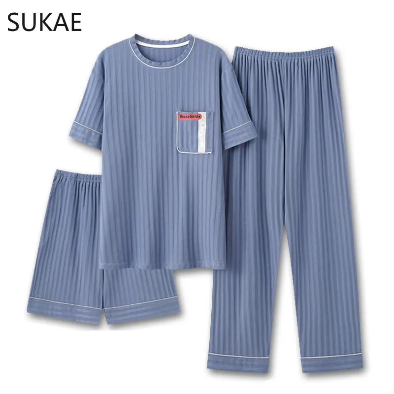 SUKAE Mens Pajamas Set Summer New O-neck Vest Shorts Knitted Faux Cotton Pijamas Leisure Loungewear Casual Bottoms Man Sleepwear 1