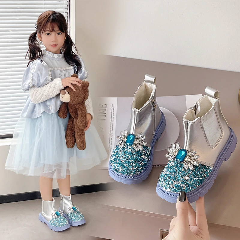 Girls Princess Boots with Shiny Crystal Kids Ankle Boots Glitter 2025 Autumn Winter New Children Fashion Boots Versatile Soft