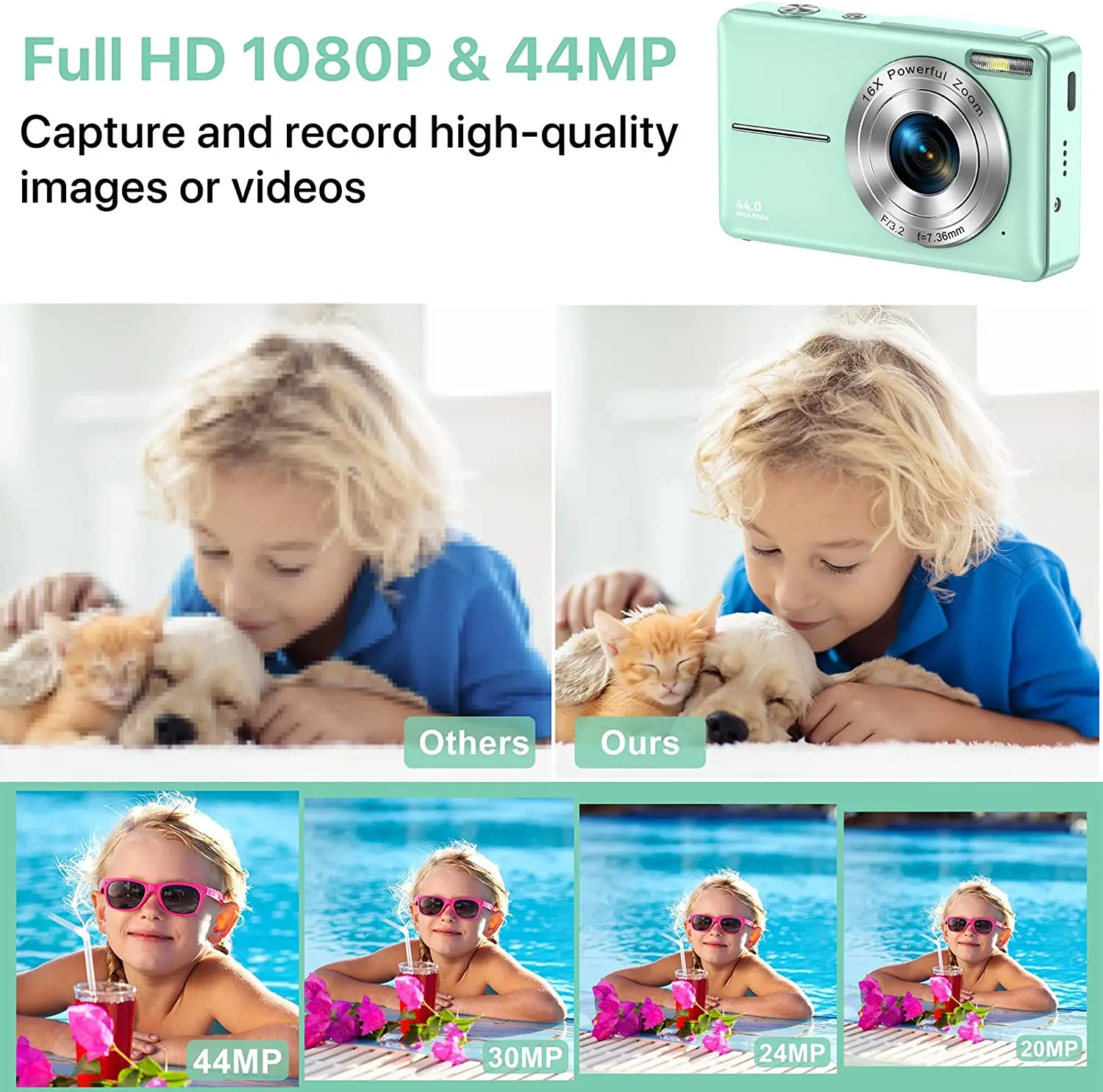 FHD 1080P 디지털 카메라 어린이 비디오 카메라 32GB SD 카드 16X 디지털 줌 48MP 2.4 인치 LCD 비디오 블로그 카메라 십대