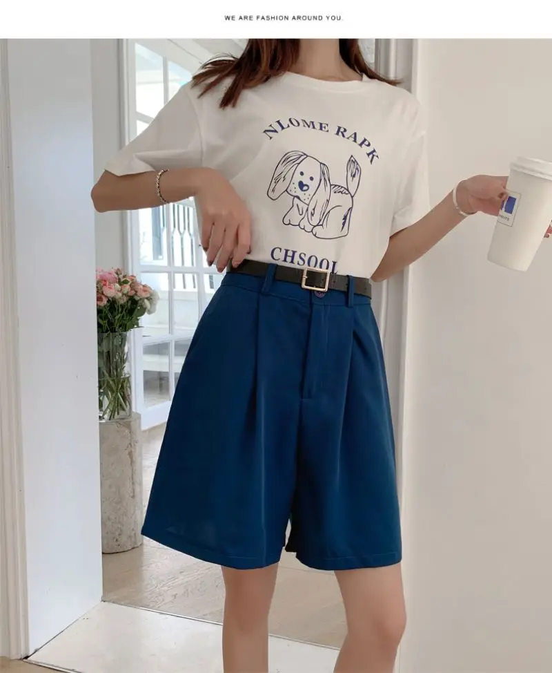 High Waist Straight Solid Blue Color Casual Suit Women's Shorts Clothing 2022 Summer Korean Style Shorts Woman Clothes dolphin shorts