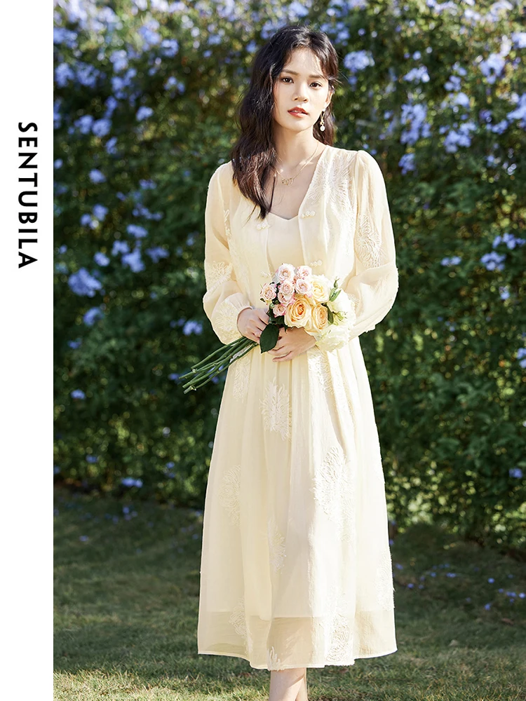 SENTUBILA New Chinese Style Spring Summer Lady Suit 2024 V-neck Embroidery Top Midi Camisole Dress 2 Piece Set Womens 141Z53527