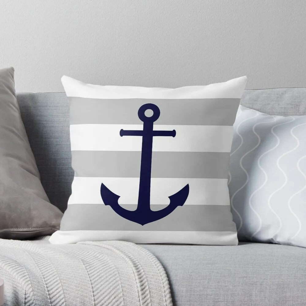 

Nautical Navy Blue Anchor On Gray Stripes Throw Pillow Cusions Cover Cushions For Children