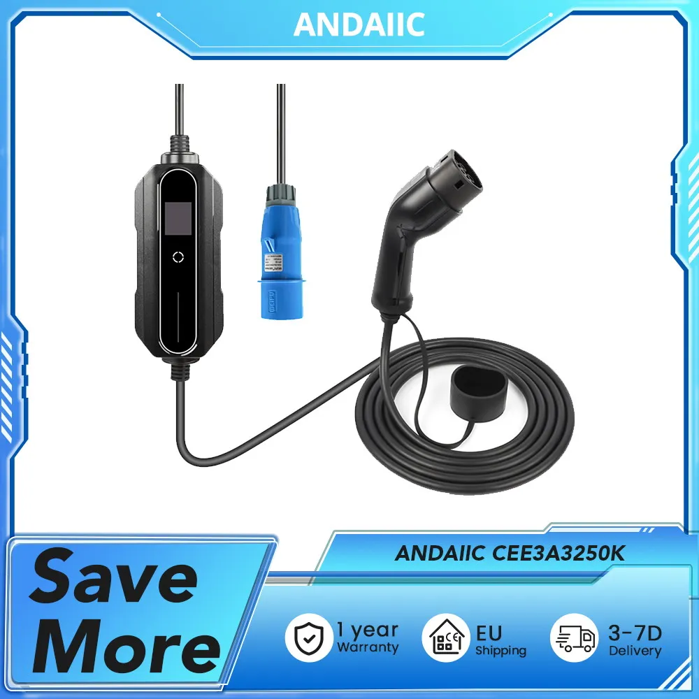 ANDAIIC CEE3A3250K EV Charger Electric Car Portable Charger Type 2 IEC62196 Mode 2 10/16/20/24/32A Current Adjustable 5m Cable
