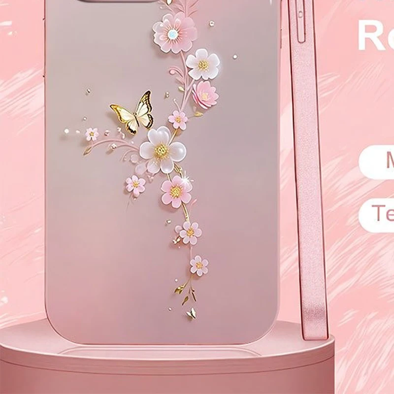 Luxury Butterfly Flower Metallic Tempered Glass Phone Case Cover