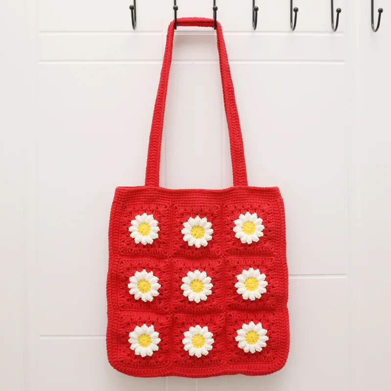 

Fashion Flower Crochet Women Shoulder Bags Floral Knitted Tote Bag Handmade Woven Lady Handbags Casual Shopper Purses Trend