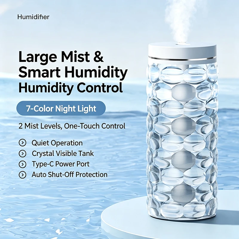 Compact Crystal Mist Humidifier with Multicolored Ambient Lighting and One-Touch Quiet Operation