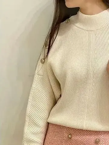 

Women's Beige Long Sleeve Sweater Puff Sleeve Winter Warm Clothes Comfortable Elegant Shoulder Button Top