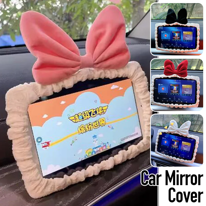 Velvet Retro Red Bow Car Rearview Mirror Cover Universal Stretch Plush Auto Navigation Screen Case Decor Women's Car Interior