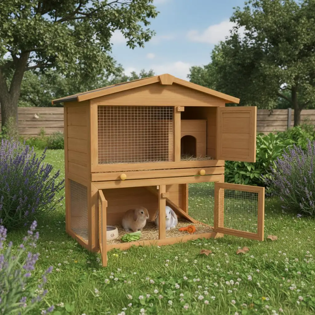 Holz-Kaninchenstall für draußen mit 3 Türen, 2 geräumigen Ebenen, wasserdichtem Dach, Rampe und ausziehbarem Liegeplatz für Kaninchen und Kleintiere – Detail 1
