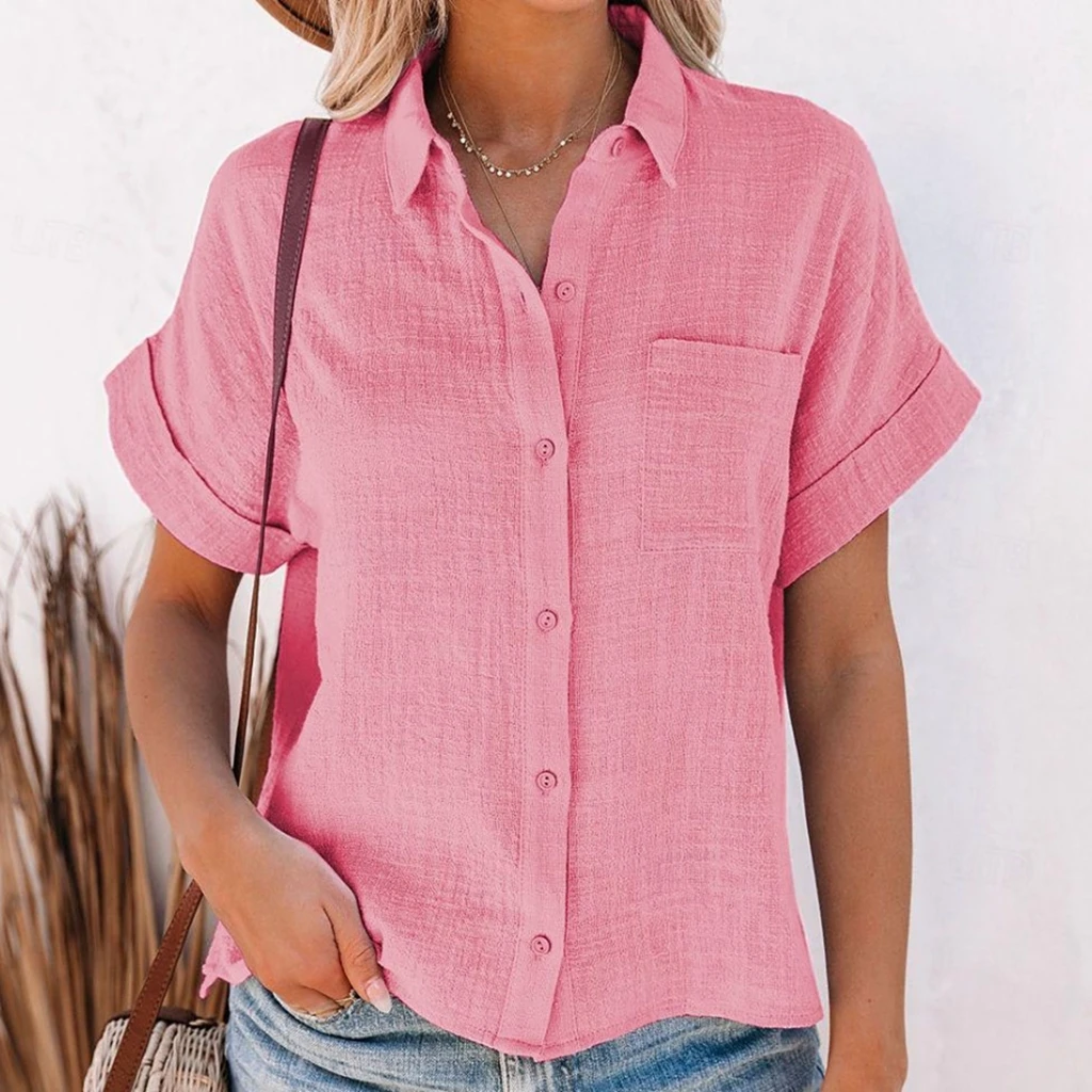 Top de lino y algodón con botones y solapa para mujer