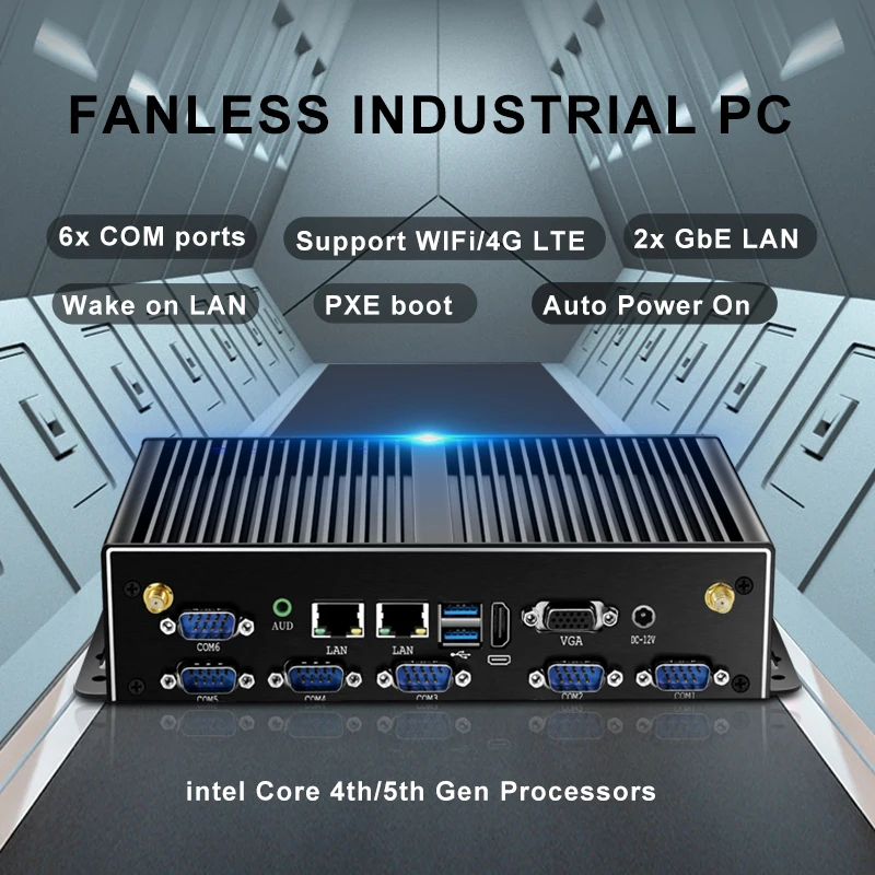 Fanless Industrial IoT Mini PC i7-5500U Windows Linux 6x COM-RS232 1x RS485 Adjustable 2x 2.5G Ethernet SIM Slot Mini PCIe Slot 2