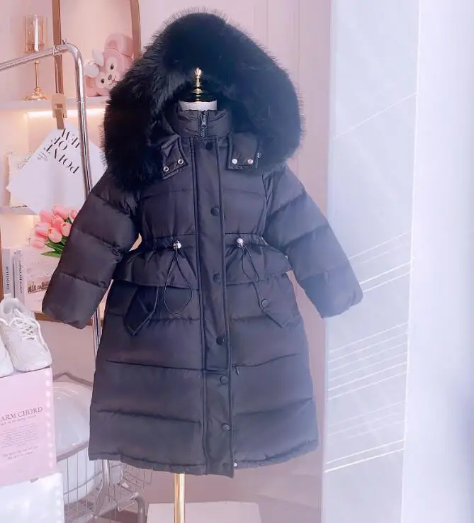 2023 Winter Girls Long Down Jackets Hooded Big Fur Collar Kids Parkas Children Clothes Girls Windproof Thicken Warm Coats