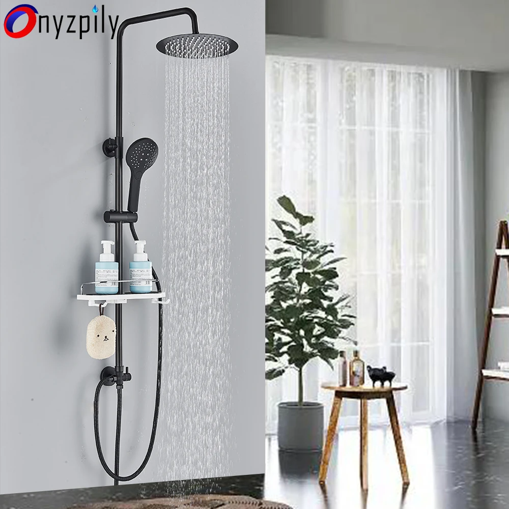 Schwarzes Edelstahl-Duscharmatur-Set, Regen-Badewannen-Wasserhahn Mit Badezimmerregal, 2 Funktionen, Höhenverstellbarer Duschkran