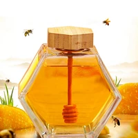 Hexagonal Glass Honey Bottle with Wooden  Pot Stirring Rod Sealing Clear Jam Jar Kitchen Home Storage 220ML/380ML 1