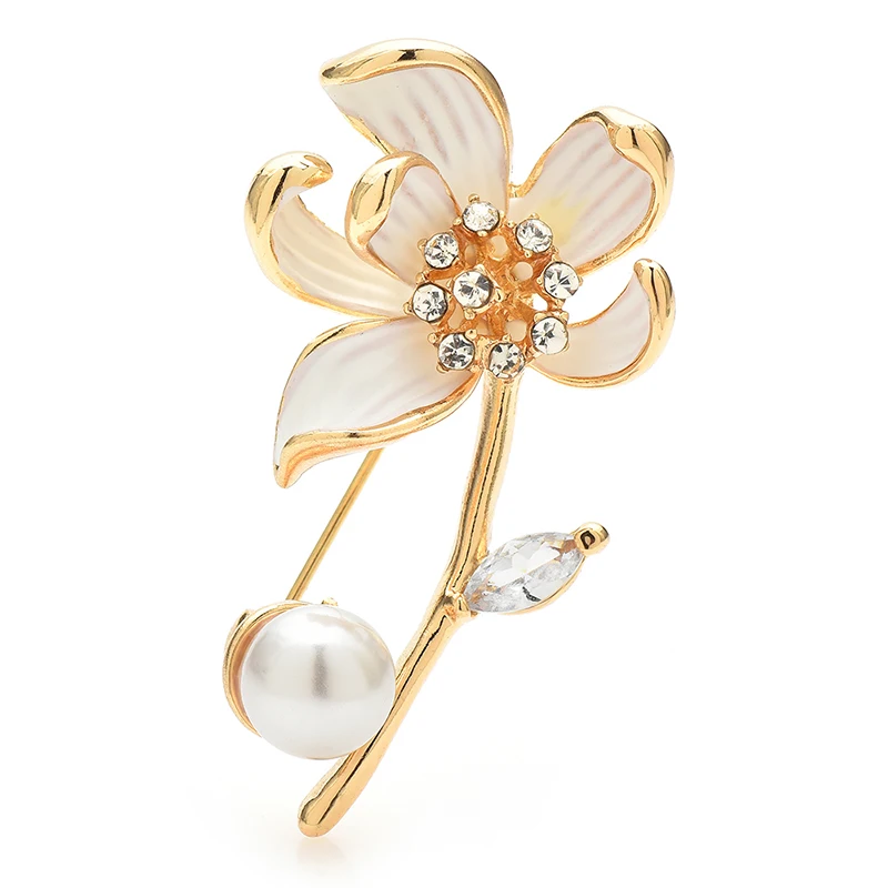 

Wuli&baby Cute Beautiful Flower Brooches For Women Unisex 2-color Enamel Pearl Enamel Plants Party Office Brooch Pins Gifts