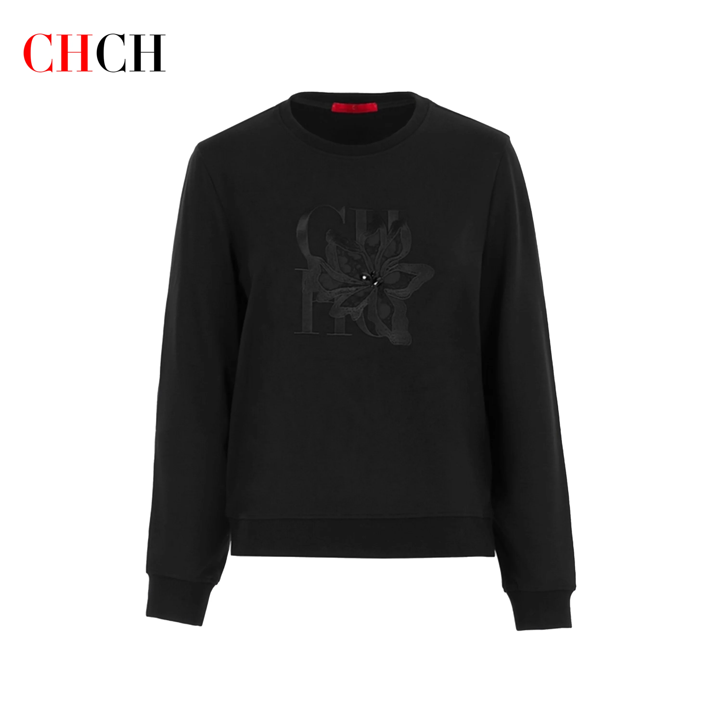 CHCH Women's Hoodie New Black Round Neck Embroidered Women's Top 3