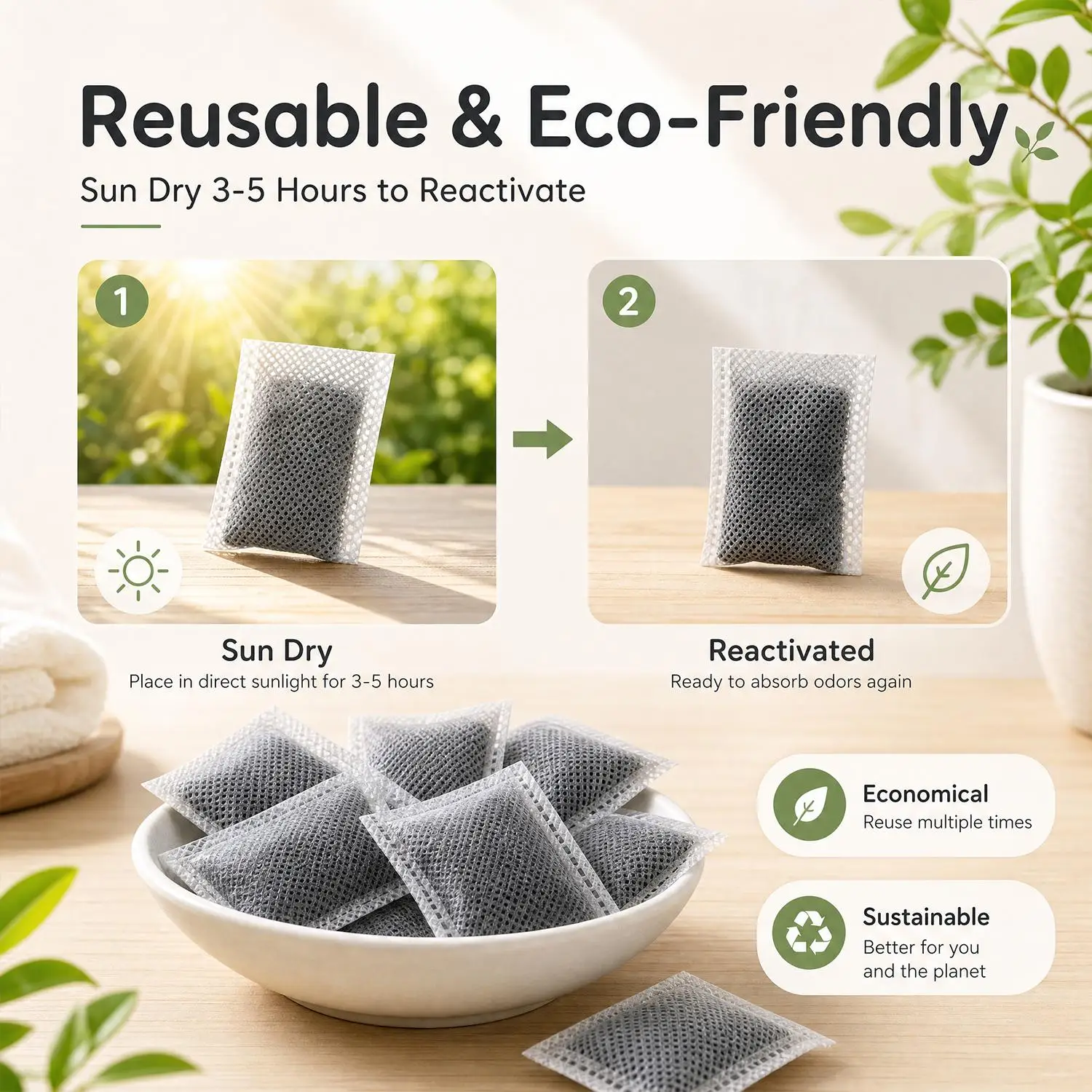 Odor Absorbing Charcoal Deodorizer Refill Bags – Reusable & Sun-Rejuvenating Freshener