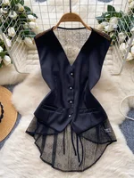 SINGREINY Backless Sexy Tank Vest Sleeveless Single Breasted V Neck Spliced Lace Skinny Sheer Irregular Summer Women Design Tops