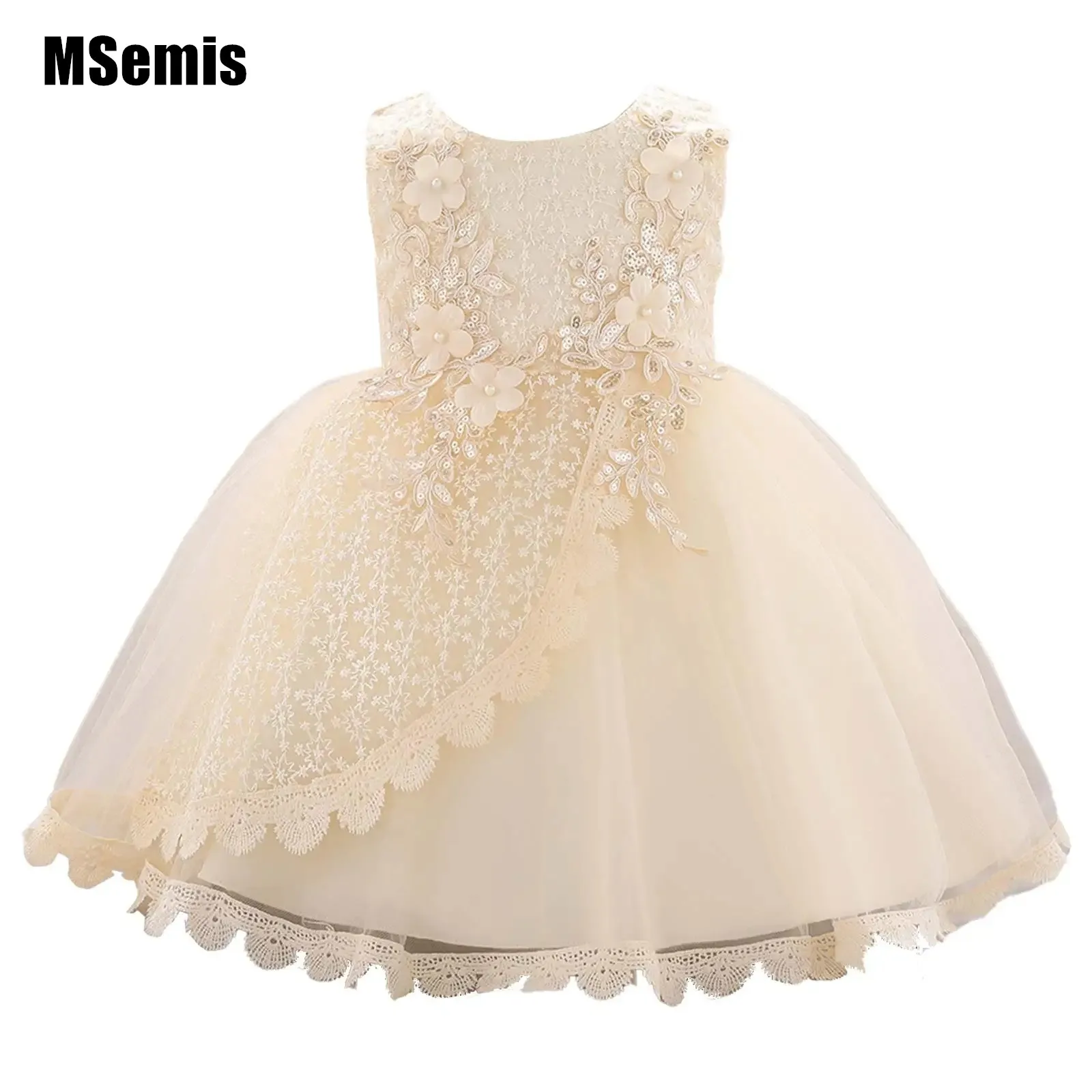 

Newborn Baby Girls Sleeveless Round Neckline Floral Lace Pearls Decorated Tutu Mesh Full Moon Wedding Party Dress