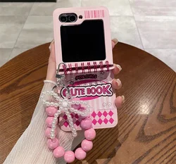 Korean Cute Notebook Pearl Bow Pendant Bracelet Phone Case - Stylish Back Cover for Samsung Z Flip 7 (A)