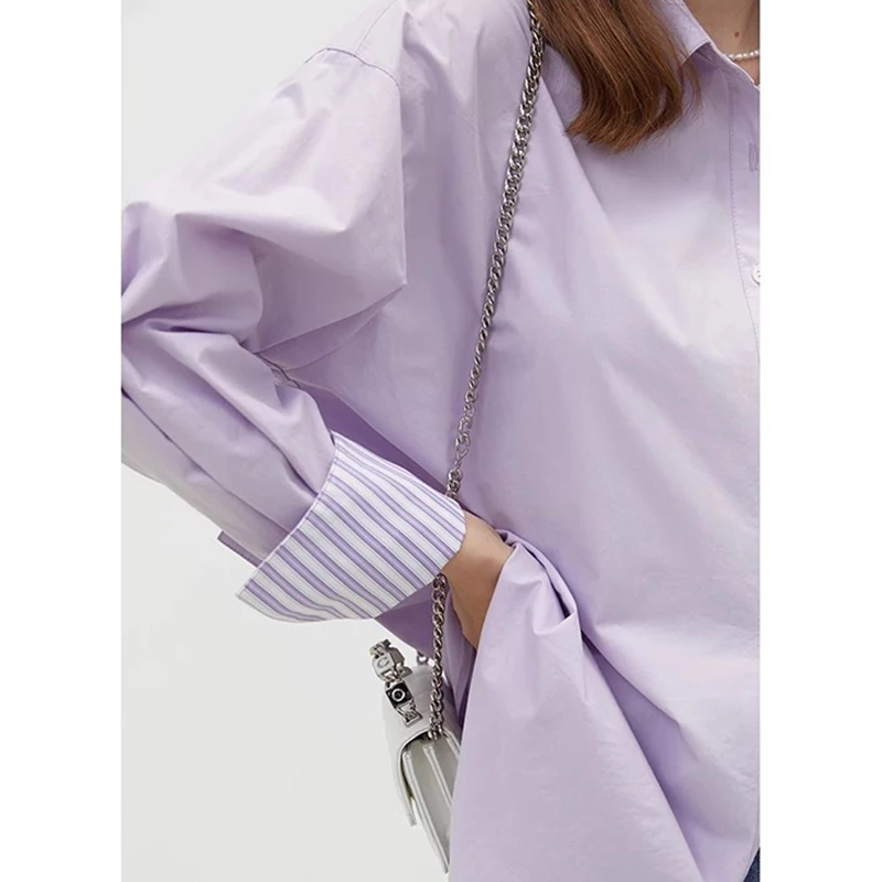 Casual Loose Shirt And Blouse Turn-down Neck Purple Patchwork Stripe Long Sleeved Clothes Top Single Breasted Simple Streetwear