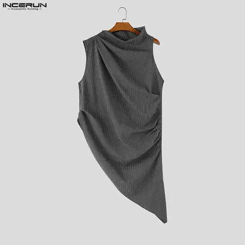 INCERUN Men's Irregular Tank Tops Striped Turtleneck Sleeveless Pleated Male Vests Streetwear Tops For Man Fashion Men Clothes - Image 5